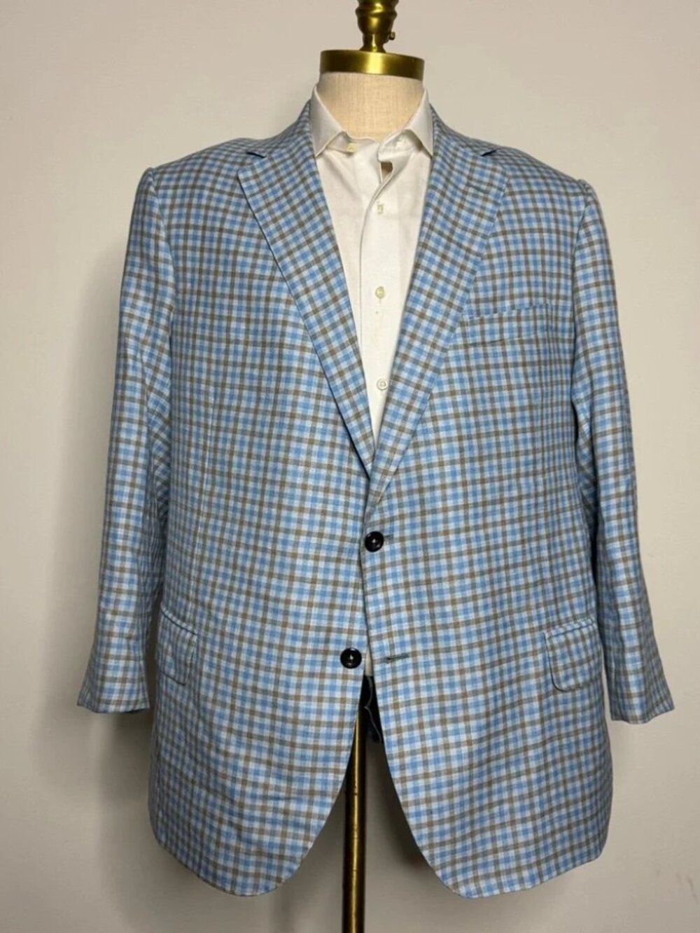 Oxxford Clothes Sport Coat‎ Mens 50L Blue Tan Check Wool Linen Silk Archer N2